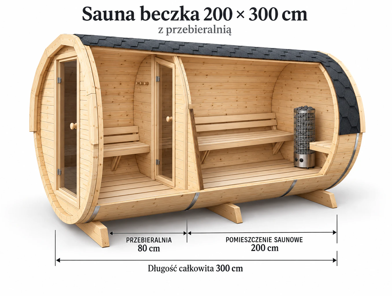 Sauna beczka 300 z przebieralnią, przekroj sauny